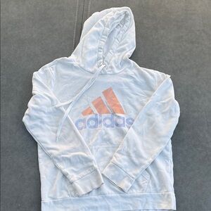 Adidas Juniors White Hoodie with Orange and Periwinkle Logo